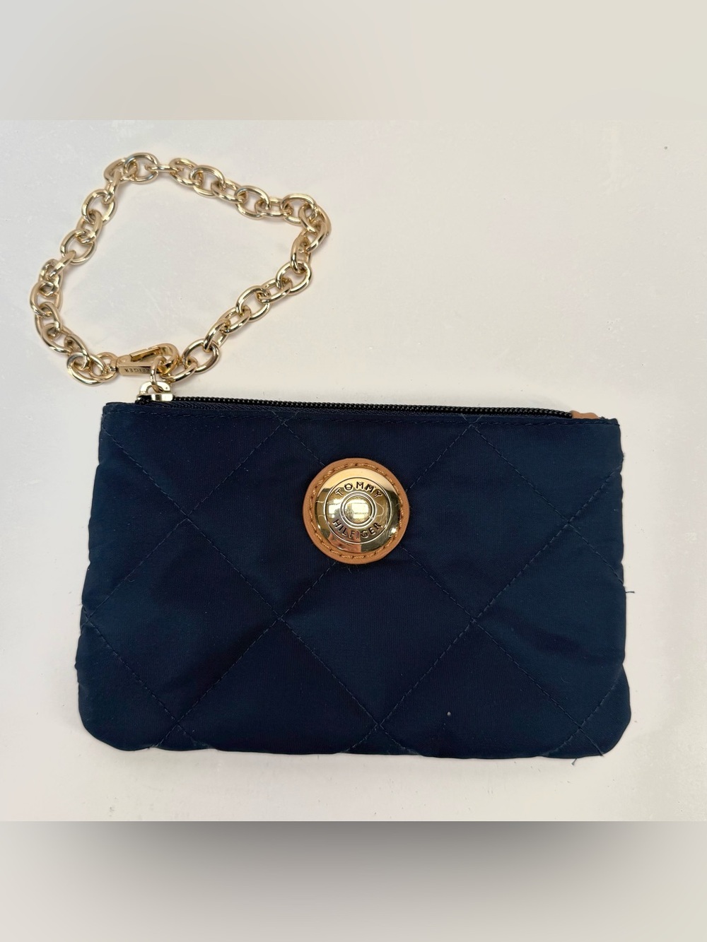 Tommy Hilfiger quilted Navy Wristlet Pouch with Gold Emblem and Chain